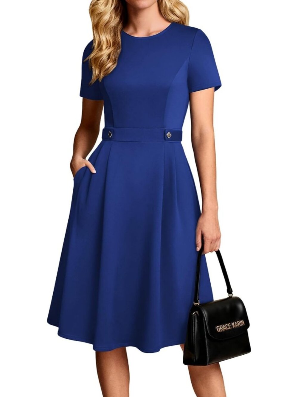 〽️ Women's Royal Blue Short Sleeve A Line Pockets Church Work Office Midi Dress